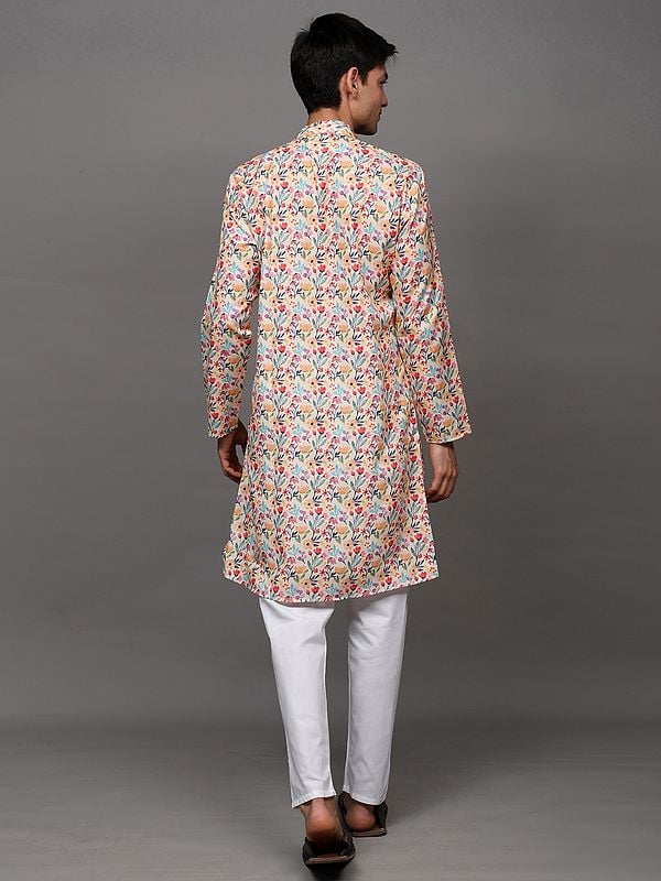 Exotic India Transparent-Yellow Kurta Pajama Set With Printed Multicolor Floral Leaves 