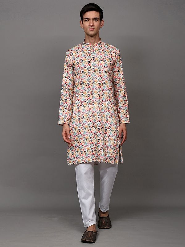 exotic india Transparent-Yellow Kurta Pajama Set with Printed Multicolor Floral Leaves 