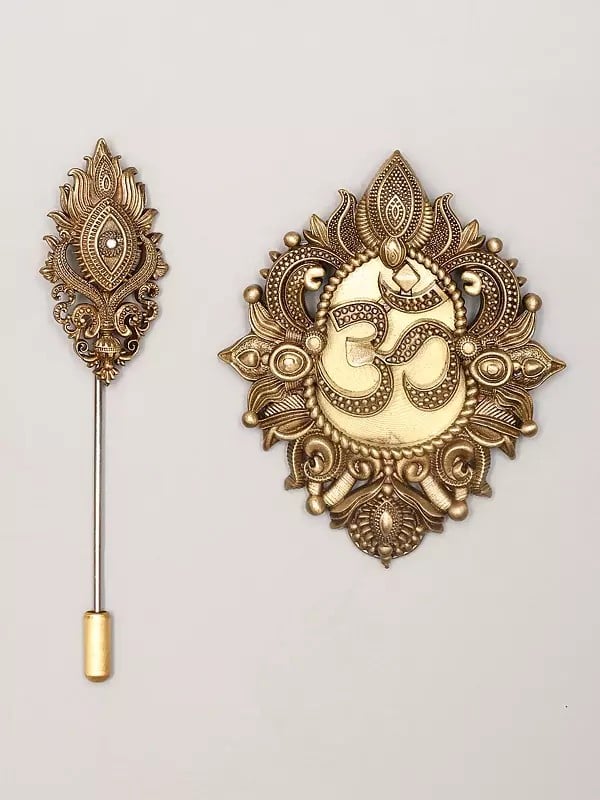 exotic india Trayambakam Lapel Pin and Om Brooch Set 