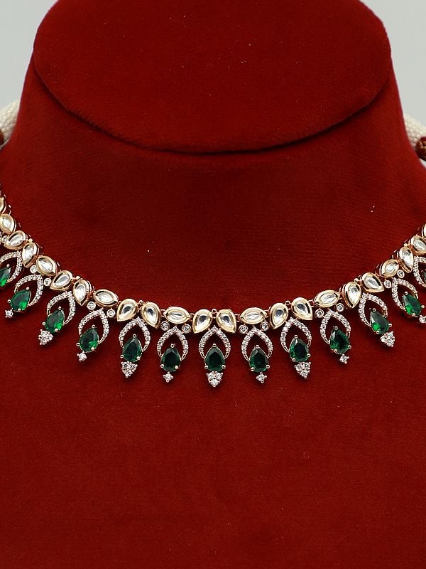 Exotic India Trendy Light Necklace Set With Green Studded Kundan And Earrings