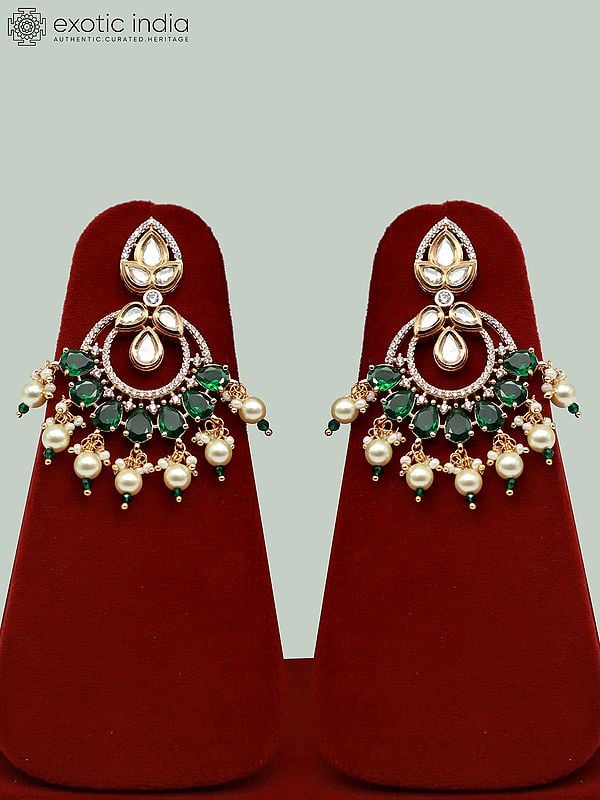 Exotic India Trendy Light Necklace Set With Green Studded Kundan And Earrings