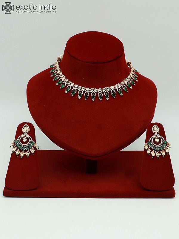 exotic india Trendy Light Necklace Set With Green Studded Kundan And Earrings 