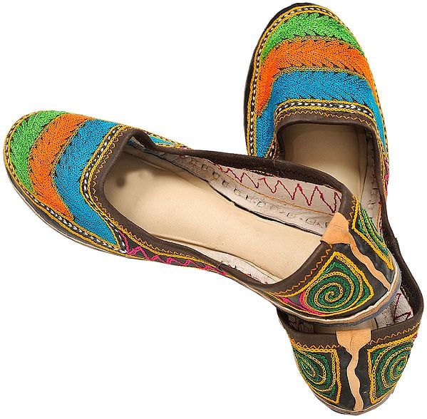exotic india Tri-Color Aari Embroidered Jootis from Punjab