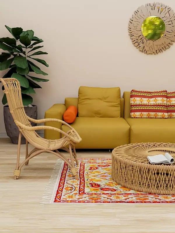Exotic India Tri-Color Chain Stitched Floral Carpet From Kashmir With Tassels