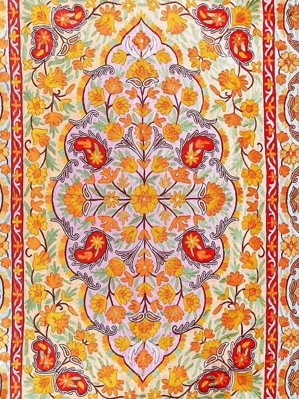 Exotic India Tri-Color Chain Stitched Floral Carpet From Kashmir With Tassels