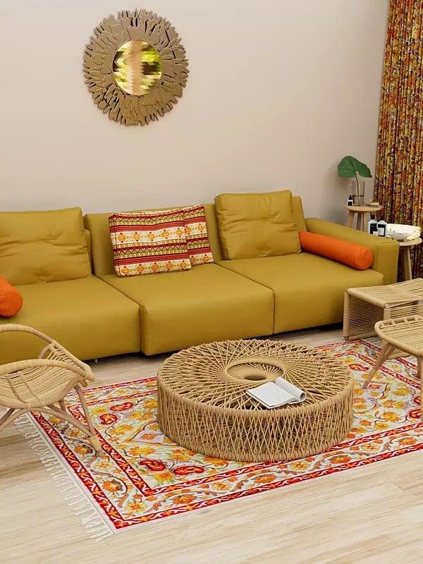 exotic india Tri-Color Chain Stitched Floral Carpet from Kashmir with Tassels 