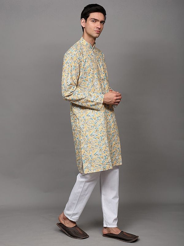Exotic India Tri-color Chikankari Embroidered Kurta With Sequins Work And Pant Style Pajama 