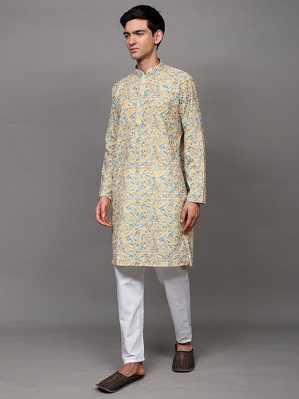 Exotic India Tri-color Chikankari Embroidered Kurta With Sequins Work And Pant Style Pajama 