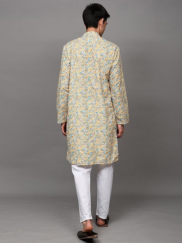 Exotic India Tri-color Chikankari Embroidered Kurta With Sequins Work And Pant Style Pajama 