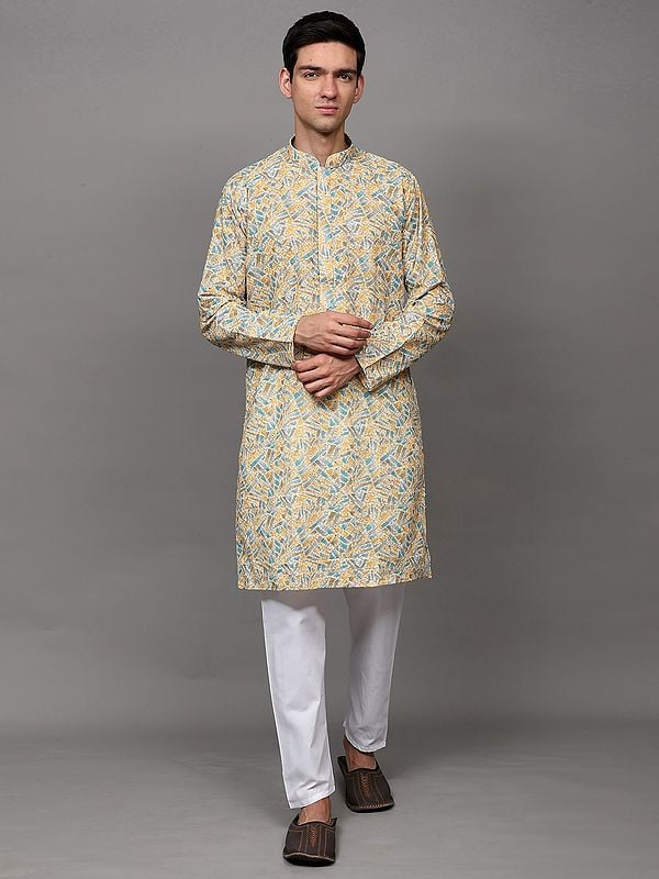 exotic india Tri-color Chikankari Embroidered Kurta with Sequins work and Pant Style Pajama 
