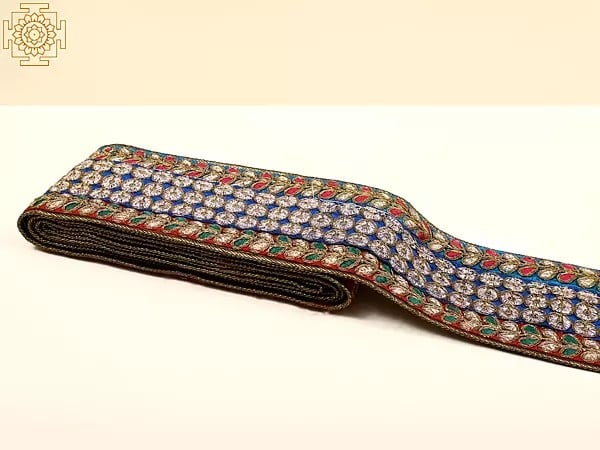 Exotic India Tri-color Embroidered Wide Fabric Border With Metallic Threadwork 