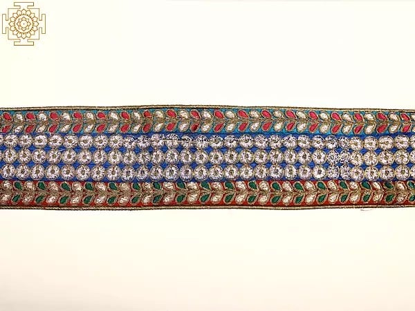 Exotic India Tri-color Embroidered Wide Fabric Border With Metallic Threadwork 