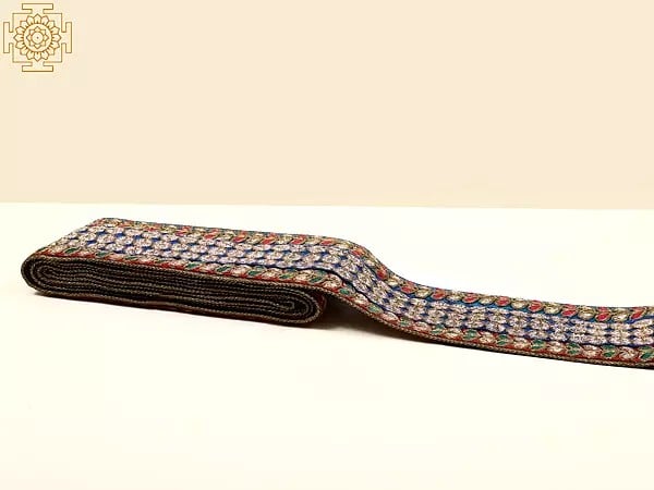 exotic india Tri-color Embroidered Wide Fabric Border with Metallic Threadwork 