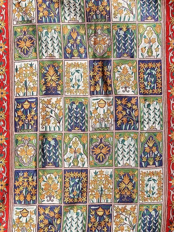 Exotic India Tri-Color Floral Persian Pattern Kashmiri Chain Stitched Carpet 