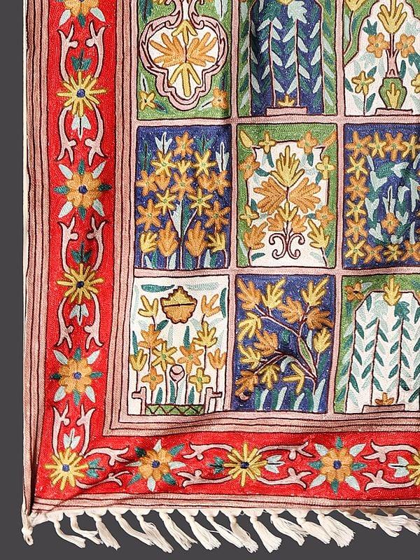 Exotic India Tri-Color Floral Persian Pattern Kashmiri Chain Stitched Carpet 