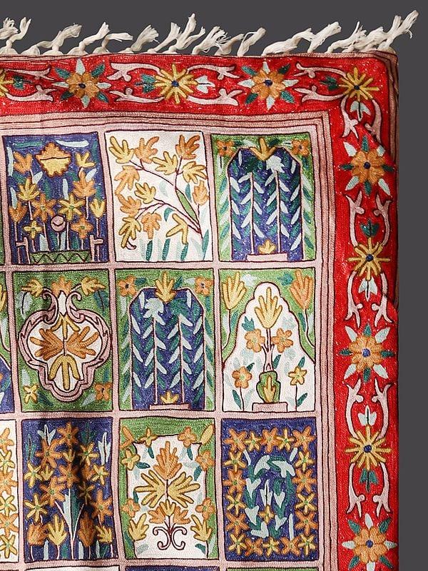Exotic India Tri-Color Floral Persian Pattern Kashmiri Chain Stitched Carpet 