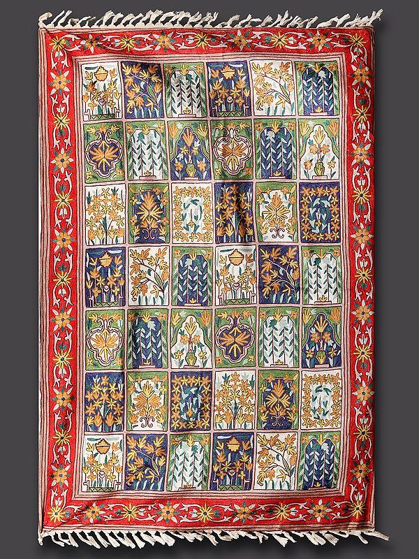 exotic india Tri-Color Floral Persian Pattern Kashmiri Chain Stitched Carpet 