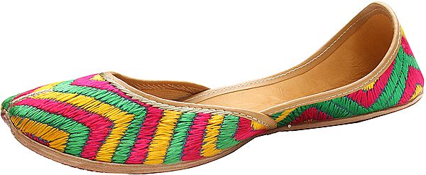 Exotic India Tri-Color Phulkari Embroidered Jooti From Punjab 