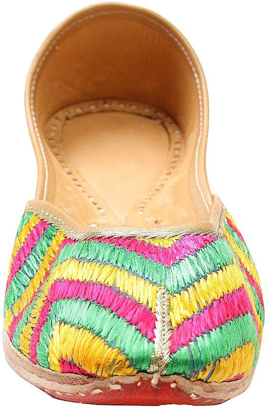 Exotic India Tri-Color Phulkari Embroidered Jooti From Punjab 