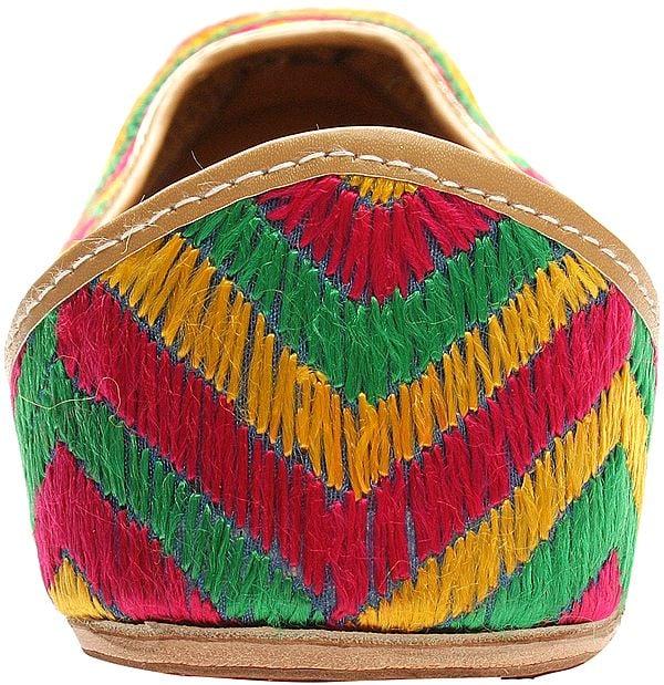 Exotic India Tri-Color Phulkari Embroidered Jooti From Punjab 