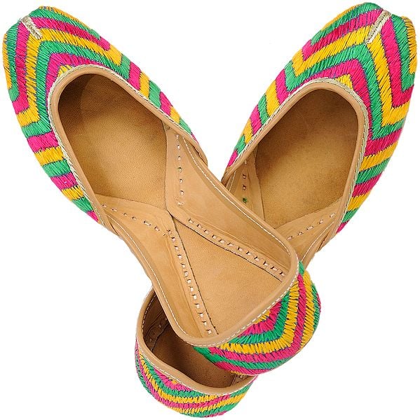exotic india Tri-Color Phulkari Embroidered Jooti from Punjab 