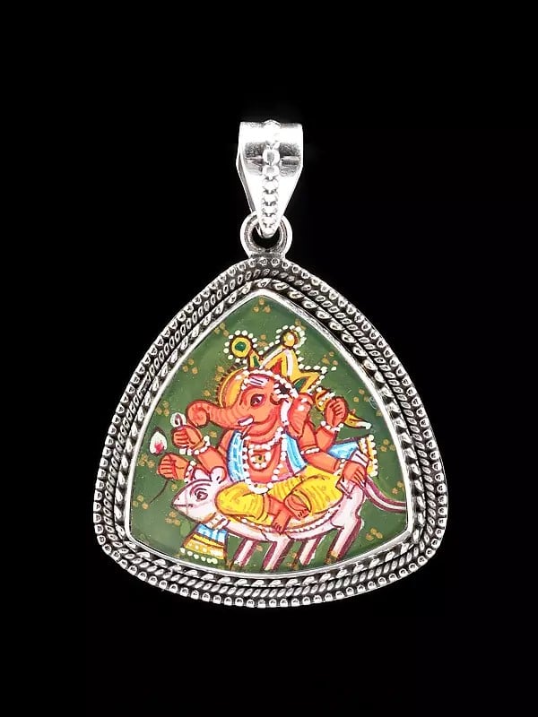 Exotic India Triangle Shape Hand-Painted Chaturbhuja Lord Ganesha Pendant