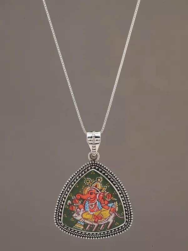 Exotic India Triangle Shape Hand-Painted Chaturbhuja Lord Ganesha Pendant