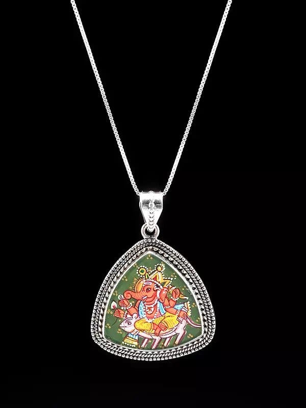 exotic india Triangle Shape Hand-Painted Chaturbhuja Lord Ganesha Pendant