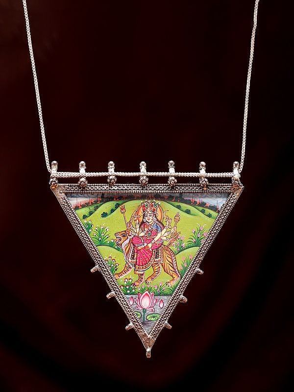 Exotic India Triangle Shape Hand-Painted Goddess Durga Pendant 