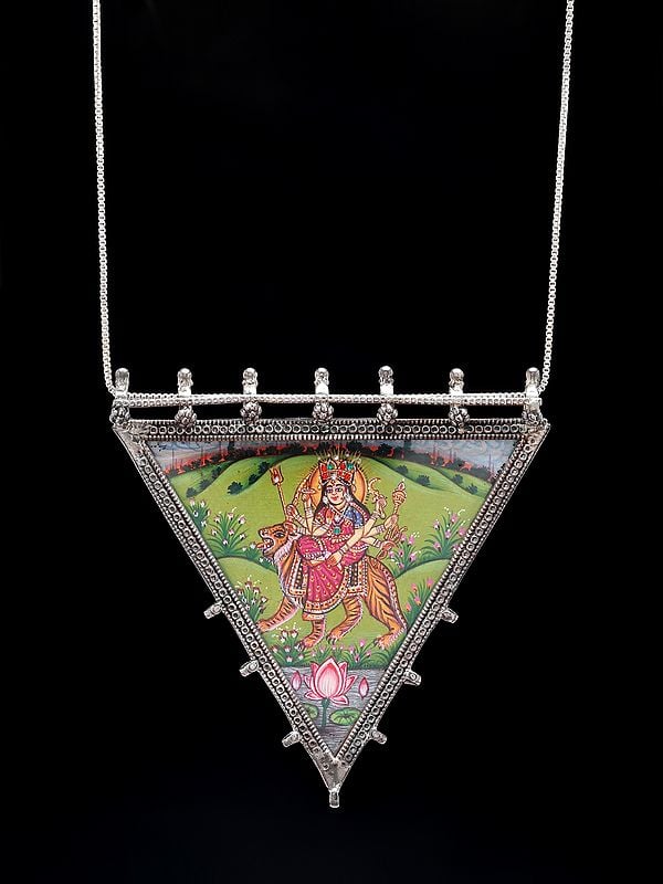 exotic india Triangle Shape Hand-Painted Goddess Durga Pendant 