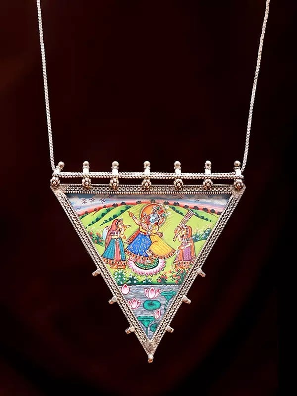 Exotic India Triangle Shape Hand-Painted Radha Krishna Pendant 