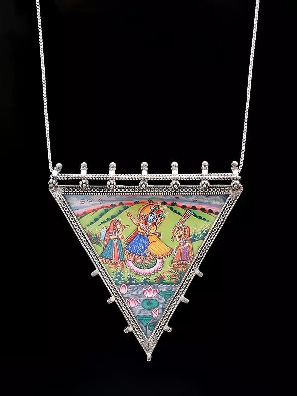 exotic india Triangle Shape Hand-Painted Radha Krishna Pendant 