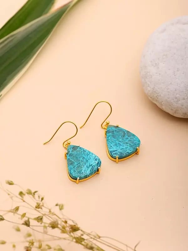 Exotic India Triangular Shape Chrysocolla Hook Earrings 