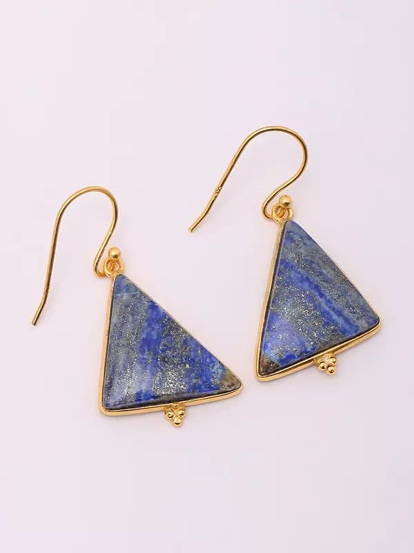 Exotic India Triangular Shape Lapis Lazuli Hook Earrings 