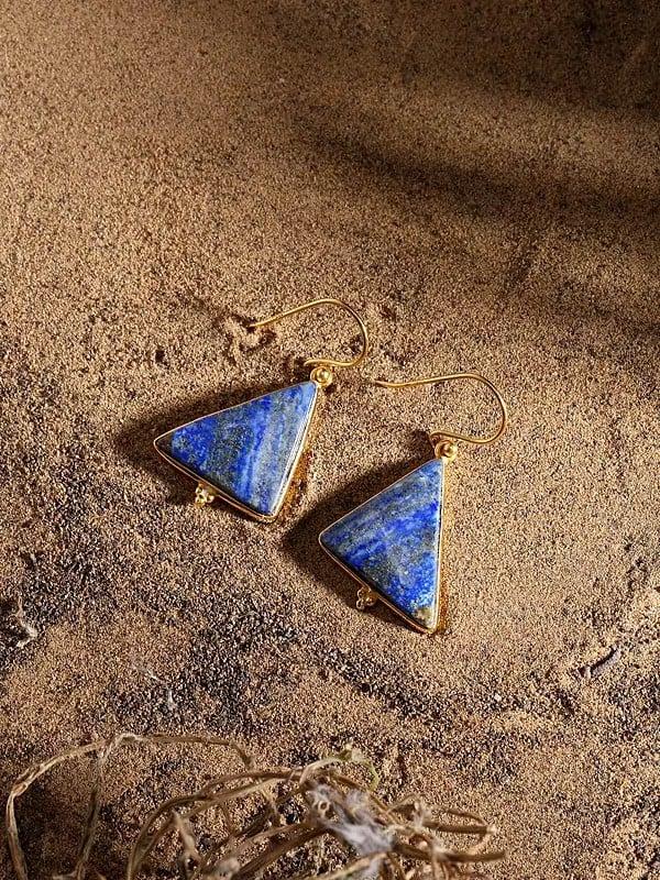 Exotic India Triangular Shape Lapis Lazuli Hook Earrings 