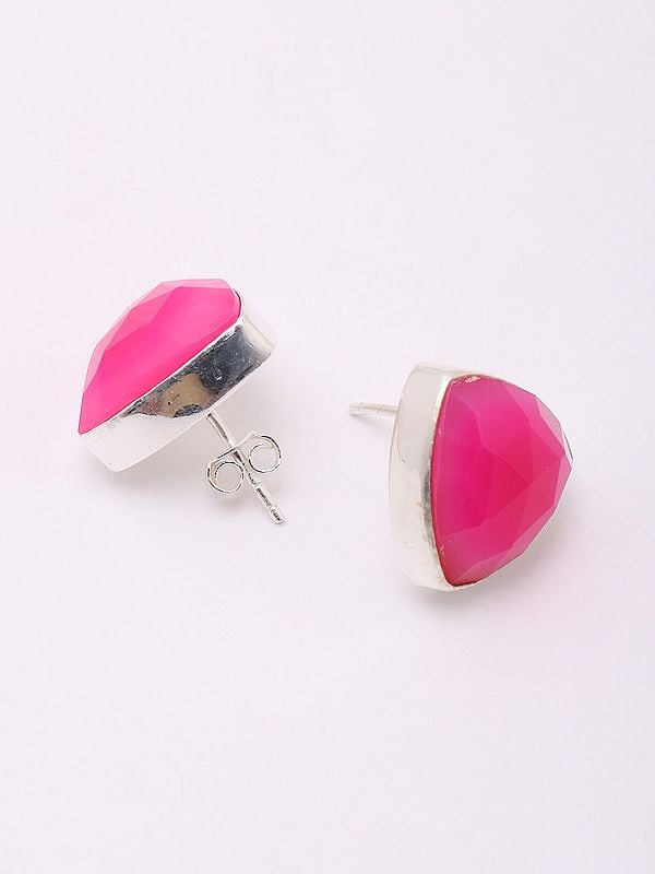Exotic India Triangular Shaped Pink Fuchsia Chalcedony Stud Earrings 