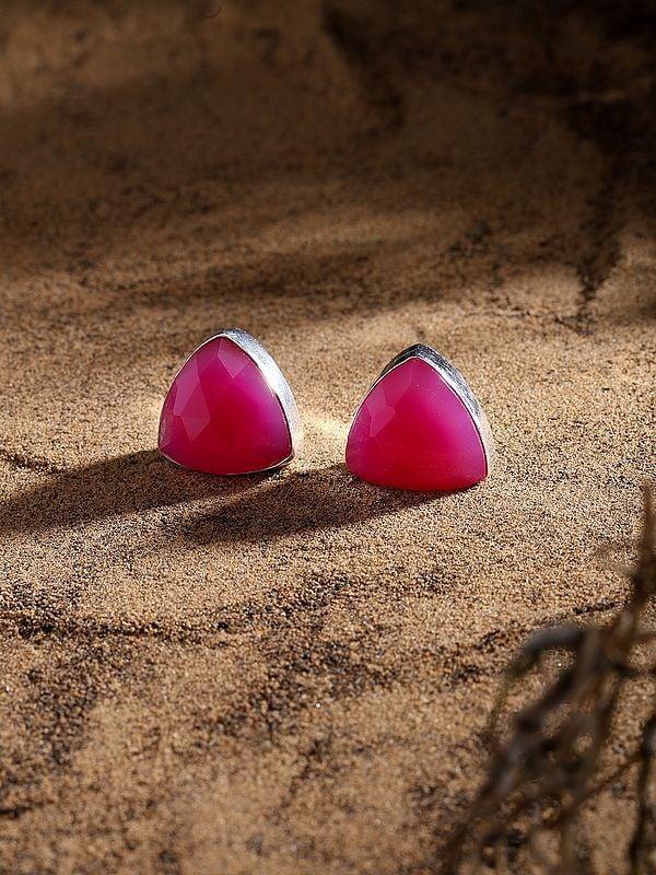 Exotic India Triangular Shaped Pink Fuchsia Chalcedony Stud Earrings 