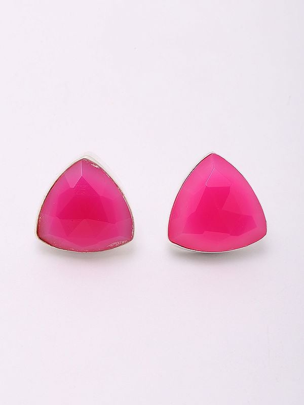 exotic india Triangular Shaped Pink Fuchsia Chalcedony Stud Earrings 
