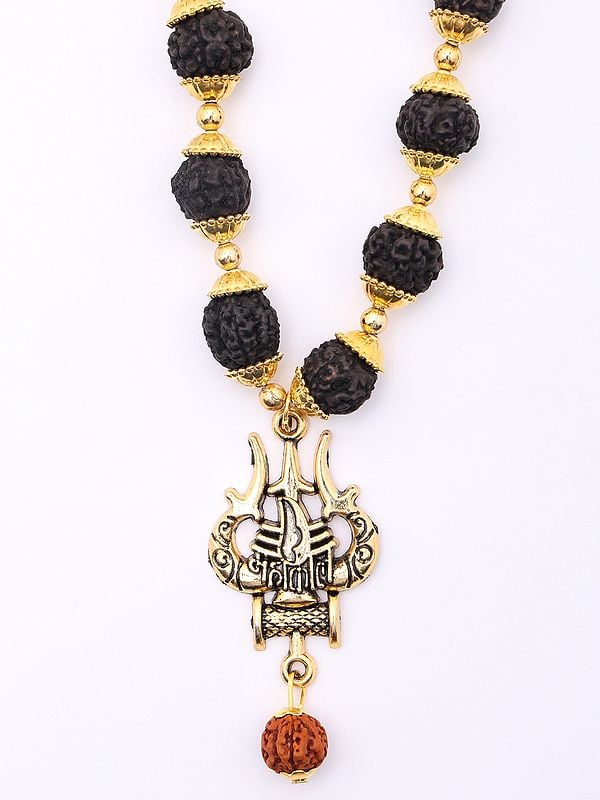 Exotic India Trident Damru Genuine Mahakal Rudraksha Mala | Spiritual Jewelry