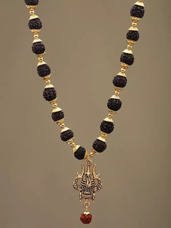 Exotic India Trident Damru Genuine Mahakal Rudraksha Mala | Spiritual Jewelry