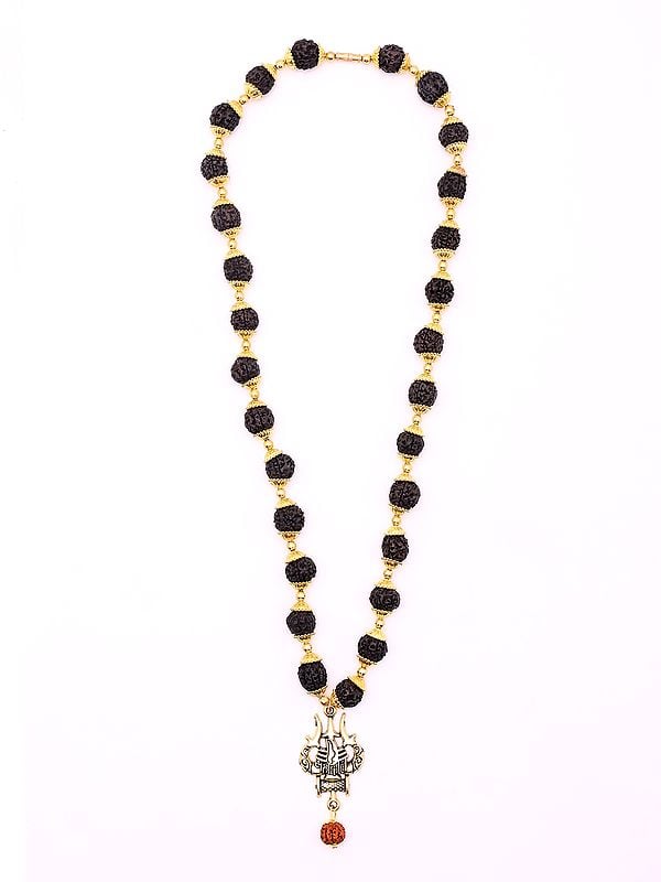 exotic india Trident Damru Genuine Mahakal Rudraksha Mala | Spiritual Jewelry 