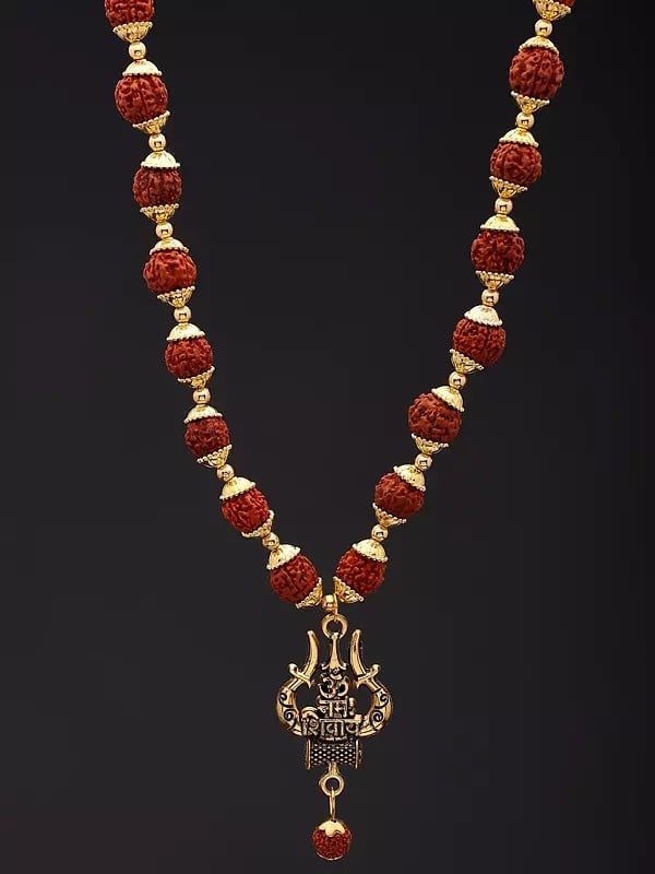 Exotic India Trident Damru Genuine Rudraksha Mala | Spiritual Jewelry