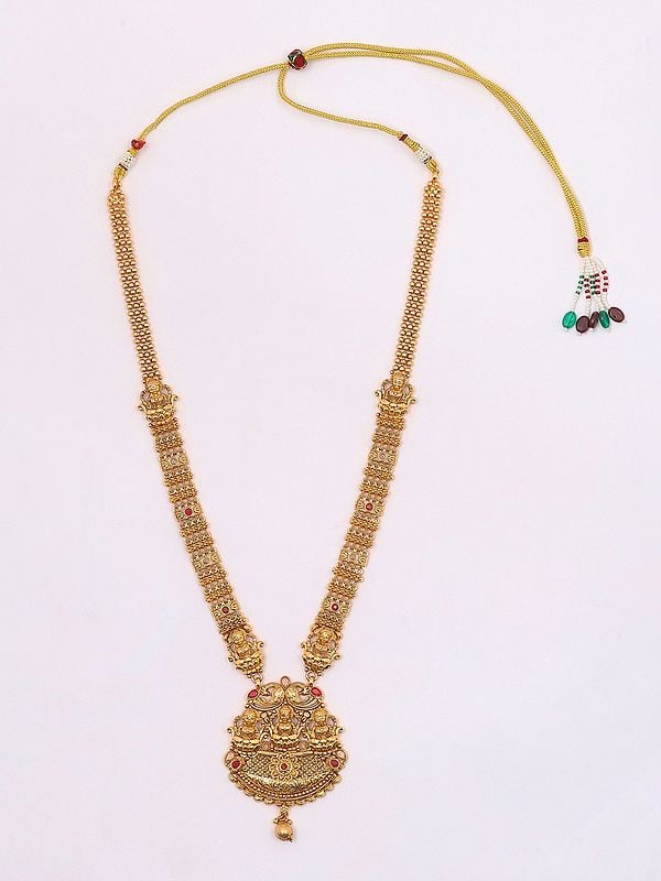Exotic India Trio Goddess Lakshmi Long Necklace Set With Earrings