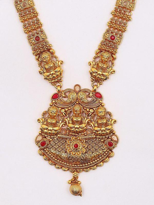 Exotic India Trio Goddess Lakshmi Long Necklace Set With Earrings
