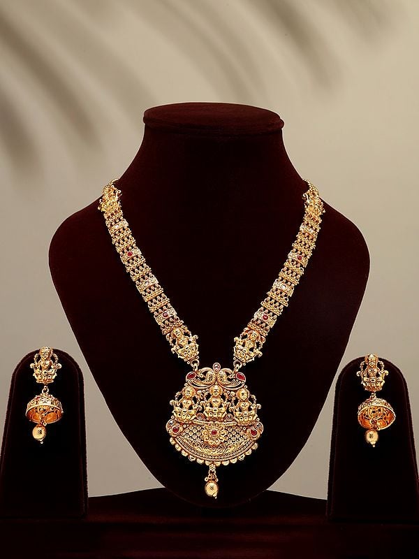 exotic india Trio Goddess Lakshmi Long Necklace Set with Earrings