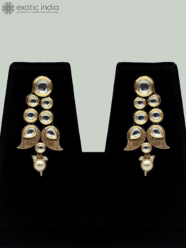 Exotic India Triple Layered Brass Necklace Set With Hanging Beads And Earrings
