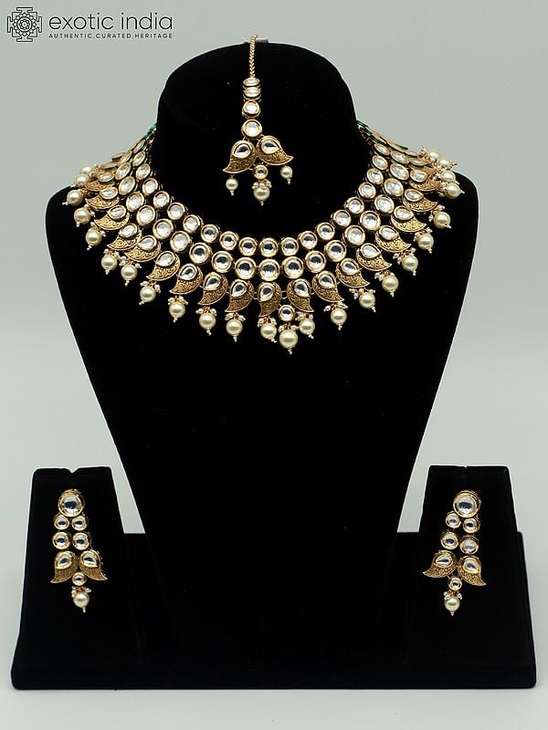 exotic india Triple Layered Brass Necklace Set With Hanging Beads And Earrings 