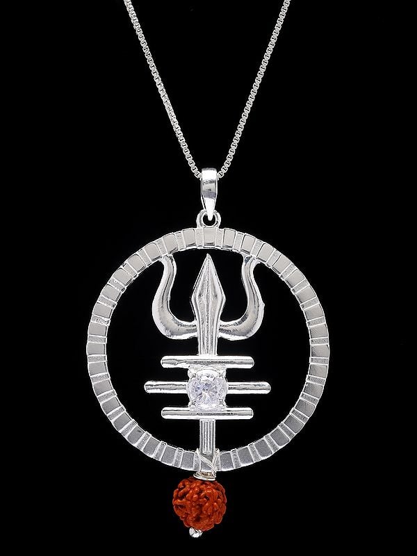 Exotic India Trishul Sterling Silver Pendant With Dangling Rudraksh 