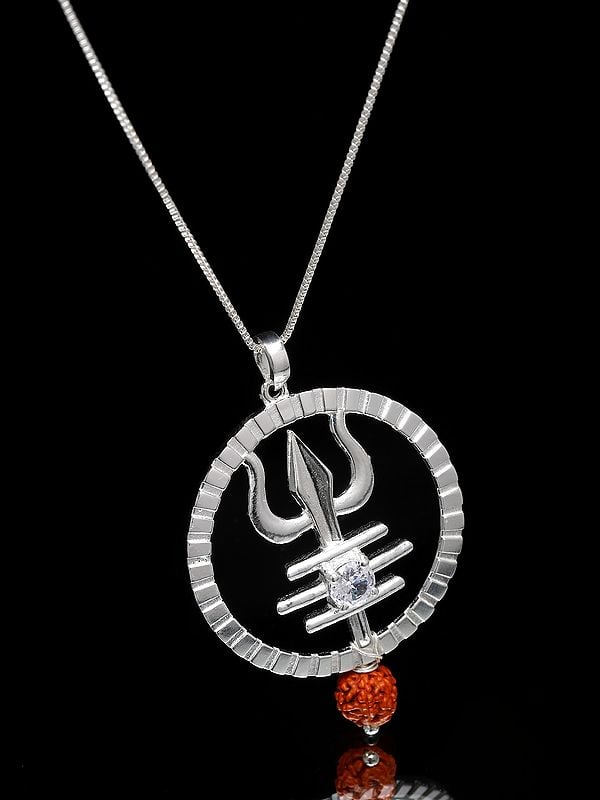 Exotic India Trishul Sterling Silver Pendant With Dangling Rudraksh 