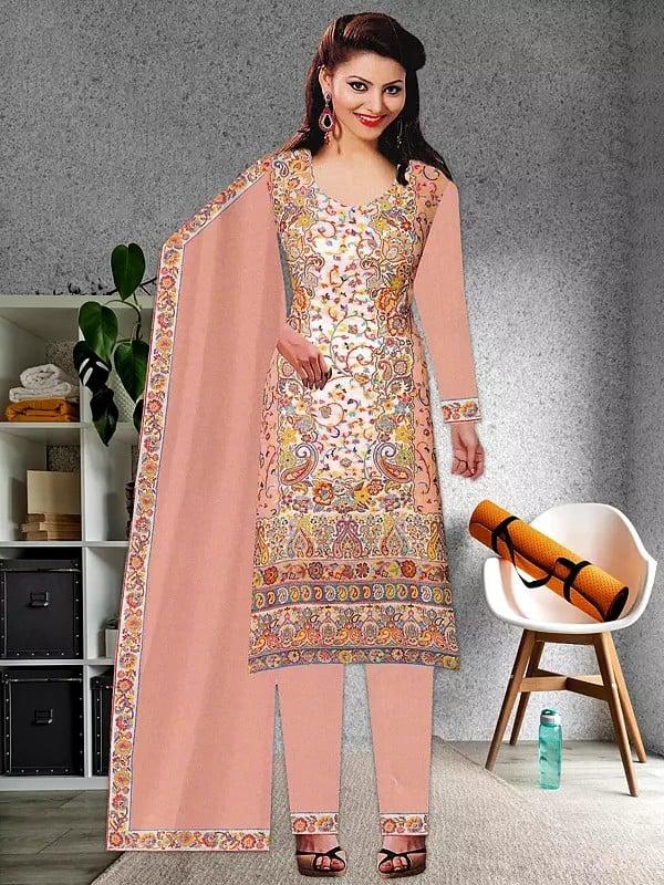 exotic india Tropical-Peach Jamawar Poly Wool Salwar Kameez Suit with Multi-Color Kani Weave 
